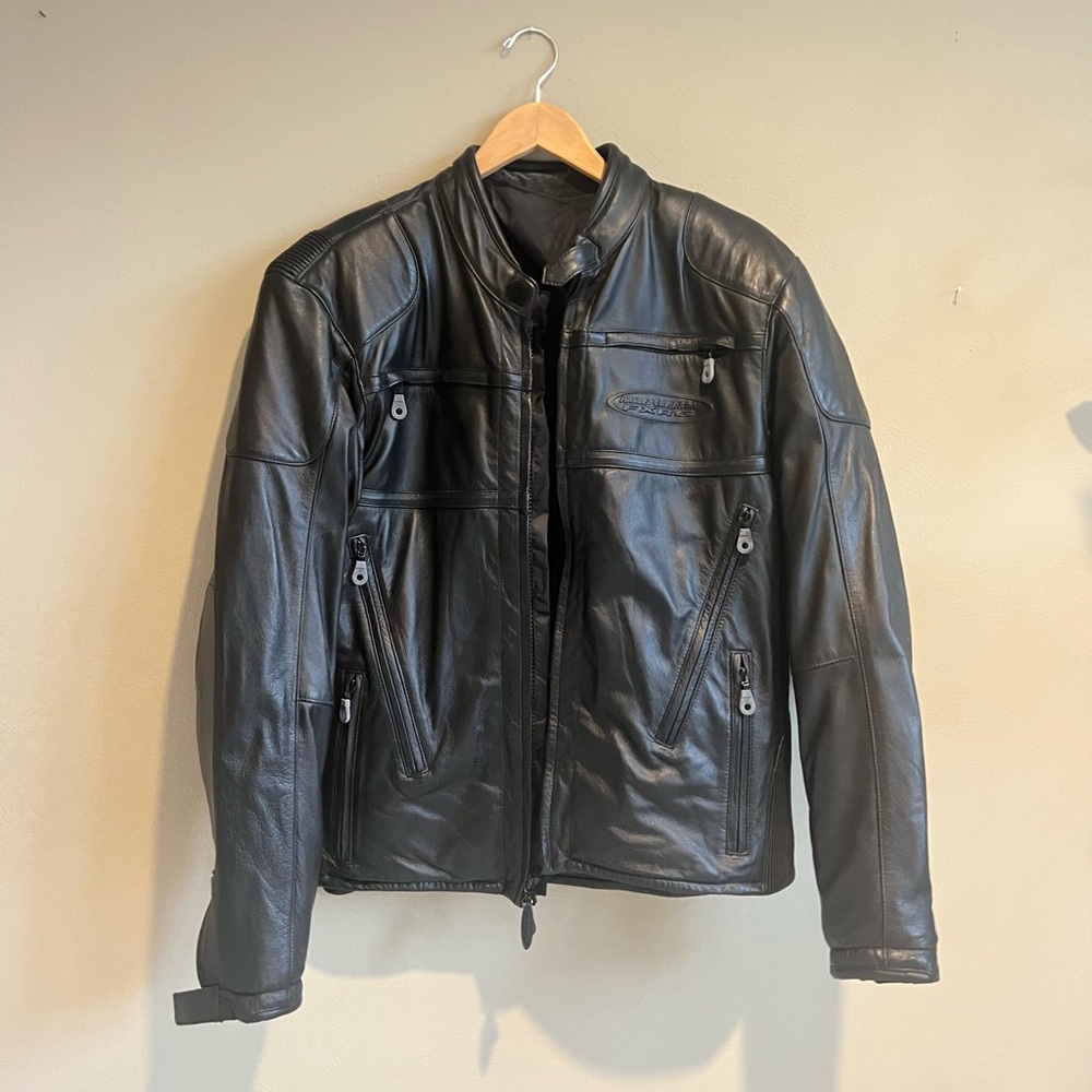 New Harley Davidson Lining Black Leather Embroidered Motorcycle Jacket Large